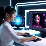 **

"A futuristic workspace showcasing AI-powered content creation. A Vietnamese content creator is collaborating with an AI assistant on a sleek computer, generating a video advertisement. The scene highlights efficiency and innovation with glowing interfaces and a vibrant, modern aesthetic."

**