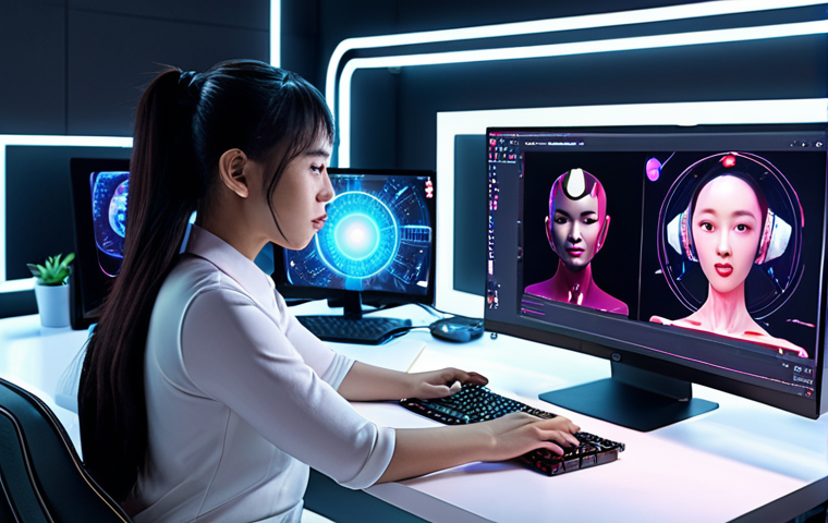 **
"A futuristic workspace showcasing AI-powered content creation. A Vietnamese content creator is collaborating with an AI assistant on a sleek computer, generating a video advertisement. The scene highlights efficiency and innovation with glowing interfaces and a vibrant, modern aesthetic."
**