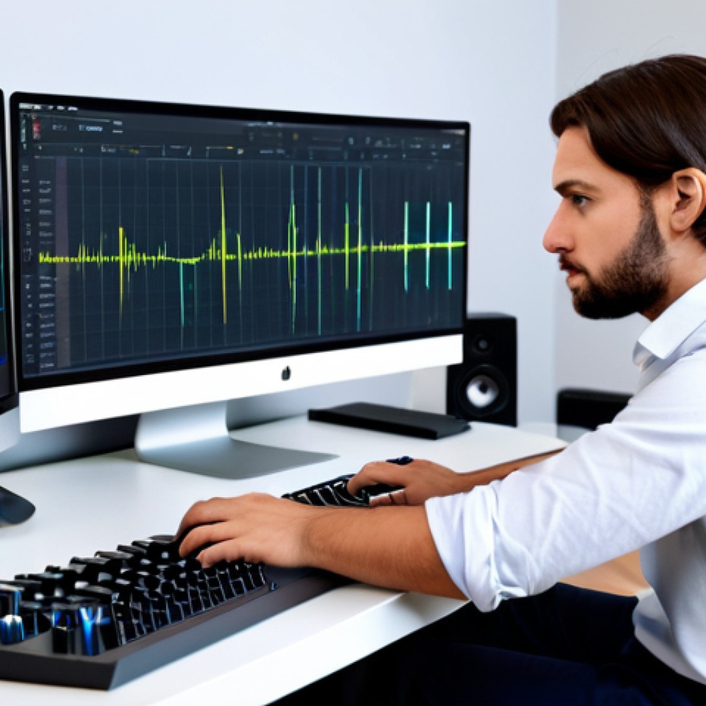 A professional content creator, either male or female, in a modest business shirt and trousers, sitting at a modern desk in a well-organized home studio. They are looking thoughtfully at a computer monitor displaying abstract musical waveforms and a sleek AI music generation interface. The background features subtle acoustic panels and professional audio equipment. The scene is clean and focused, representing modern music production. Fully clothed, appropriate attire, safe for work, perfect anatomy, correct proportions, well-formed hands, natural pose, professional photography, high quality, family-friendly.