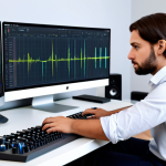 A professional content creator, either male or female, in a modest business shirt and trousers, sitting at a modern desk in a well-organized home studio. They are looking thoughtfully at a computer monitor displaying abstract musical waveforms and a sleek AI music generation interface. The background features subtle acoustic panels and professional audio equipment. The scene is clean and focused, representing modern music production. Fully clothed, appropriate attire, safe for work, perfect anatomy, correct proportions, well-formed hands, natural pose, professional photography, high quality, family-friendly.