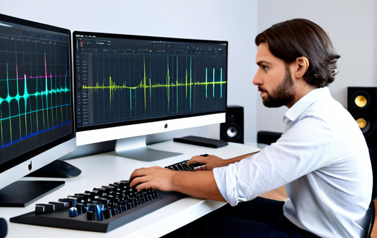 A professional content creator, either male or female, in a modest business shirt and trousers, sitting at a modern desk in a well-organized home studio. They are looking thoughtfully at a computer monitor displaying abstract musical waveforms and a sleek AI music generation interface. The background features subtle acoustic panels and professional audio equipment. The scene is clean and focused, representing modern music production. Fully clothed, appropriate attire, safe for work, perfect anatomy, correct proportions, well-formed hands, natural pose, professional photography, high quality, family-friendly.