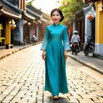 Traditional Ao Dai in Hoi An**

"A Vietnamese woman in a beautiful, fully clothed Ao Dai (traditional dress), walking along the ancient streets of Hoi An, Vietnam. The scene is bathed in warm, golden light, showcasing the intricate details of the Ao Dai and the historic architecture. Safe for work, appropriate content, family-friendly, professional photography, perfect anatomy, natural pose, modest clothing."

**