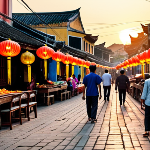 Home 14 **A vibrant Hoi An street scene at sunset**, lanterns glowing, vendors selling street food (bánh mì, cao lầu), people in áo dài, warm color palette, cinematic lighting, safe for work, appropriate content, fully clothed, family-friendly.