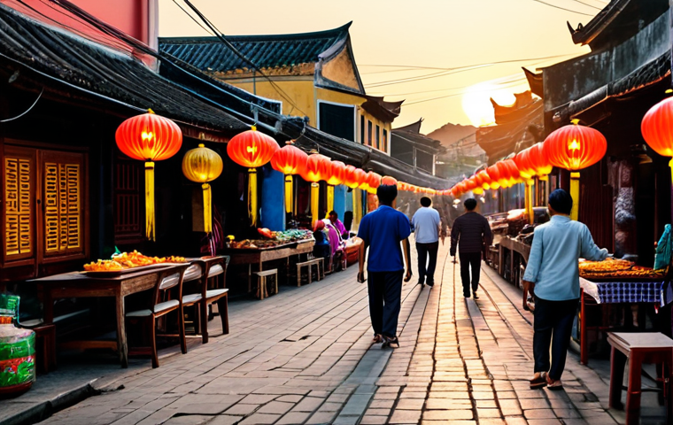**A vibrant Hoi An street scene at sunset**, lanterns glowing, vendors selling street food (bánh mì, cao lầu), people in áo dài, warm color palette, cinematic lighting, safe for work, appropriate content, fully clothed, family-friendly.